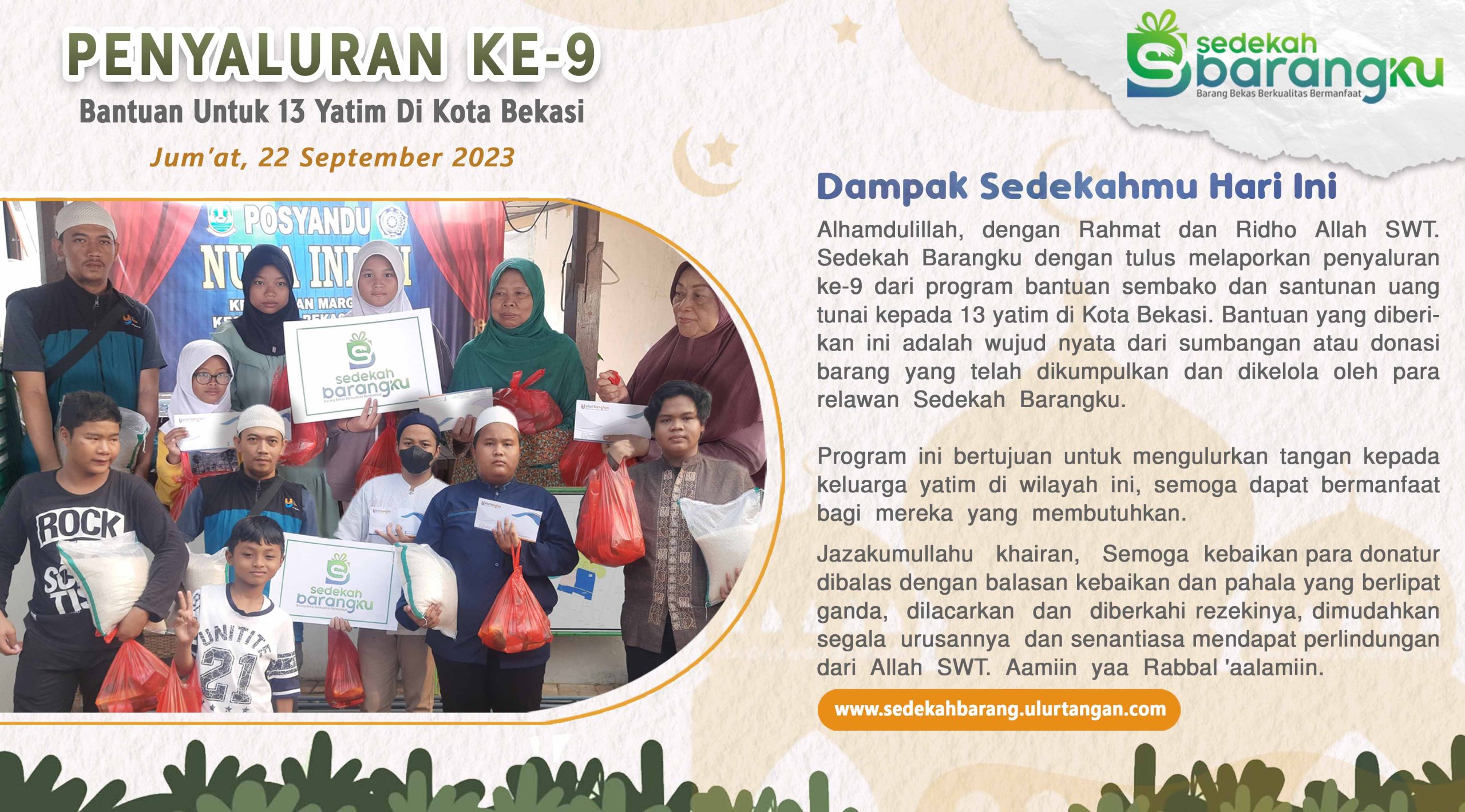 Penyaluran ke-9: Sedekah Barangku Tunaikan Bantuan Sembako dan Santunan Uang tunai Kepada 13 Yatim Di Kota Bekasi