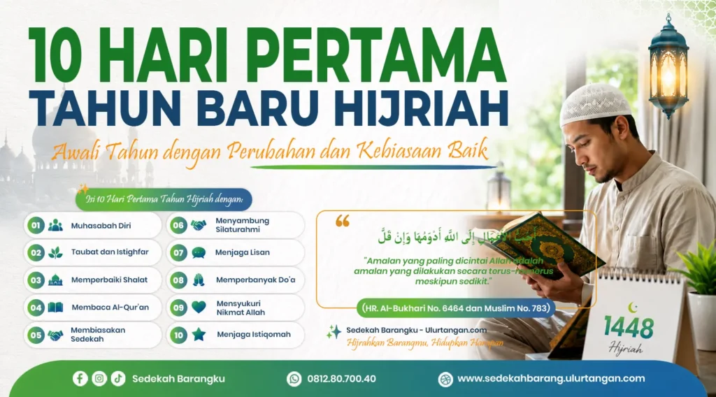 Poster dakwah Tahun Baru Hijriah 1448 Hijriah dengan ilustrasi Muslim sedang membaca Al-Qur'an di dekat jendela. Desain islami modern bernuansa hijau dan putih dengan lentera Ramadan, siluet masjid, serta elemen Muharram yang menggambarkan muhasabah, hijrah, istiqamah, dan semangat memulai tahun baru Islam dengan amal saleh.