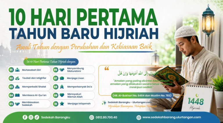Poster dakwah Tahun Baru Hijriah 1448 Hijriah dengan ilustrasi Muslim sedang membaca Al-Qur'an di dekat jendela. Desain islami modern bernuansa hijau dan putih dengan lentera Ramadan, siluet masjid, serta elemen Muharram yang menggambarkan muhasabah, hijrah, istiqamah, dan semangat memulai tahun baru Islam dengan amal saleh.