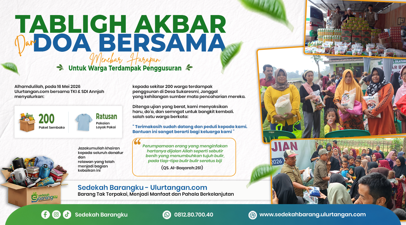 Tabligh Akbar & Doa Bersama: Penyaluran Bantuan untuk Warga Terdampak Penggusuran di Sukaresmi Jonggol