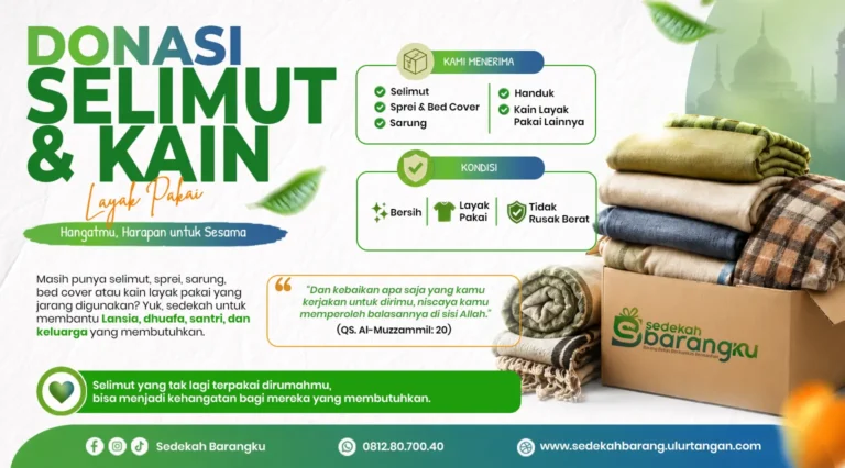 Poster donasi selimut dan kain layak pakai untuk membantu dhuafa melalui Sedekah Barangku.