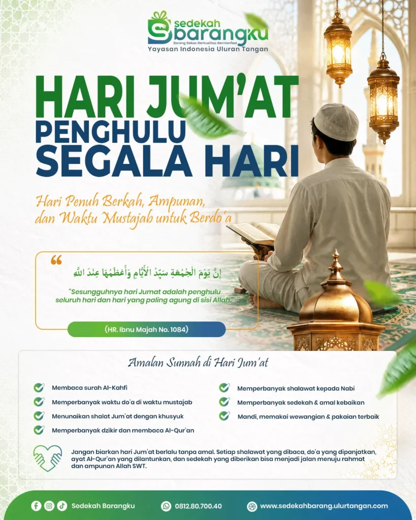 Poster dakwah Islam tentang keutamaan hari Jumat sebagai penghulu segala hari lengkap dengan hadits Rasulullah ﷺ, amalan sunnah seperti membaca Surah Al-Kahfi, memperbanyak shalawat, doa, sedekah, dan shalat Jumat.