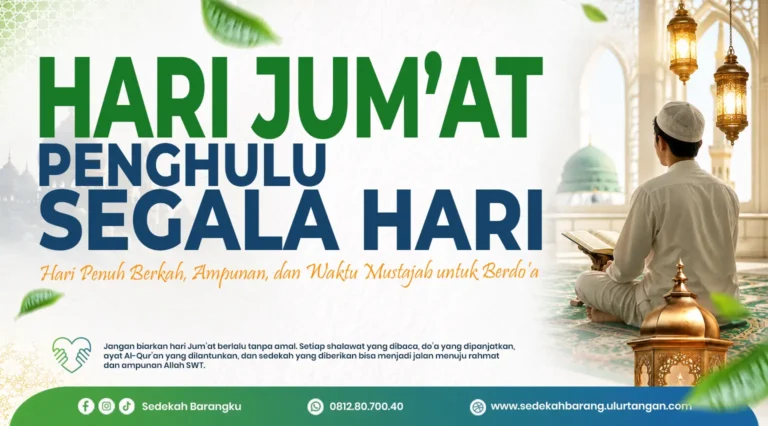 Poster dakwah Islam tentang keutamaan hari Jumat sebagai penghulu segala hari lengkap dengan hadits Rasulullah ﷺ, amalan sunnah seperti membaca Surah Al-Kahfi, memperbanyak shalawat, doa, sedekah, dan shalat Jumat.