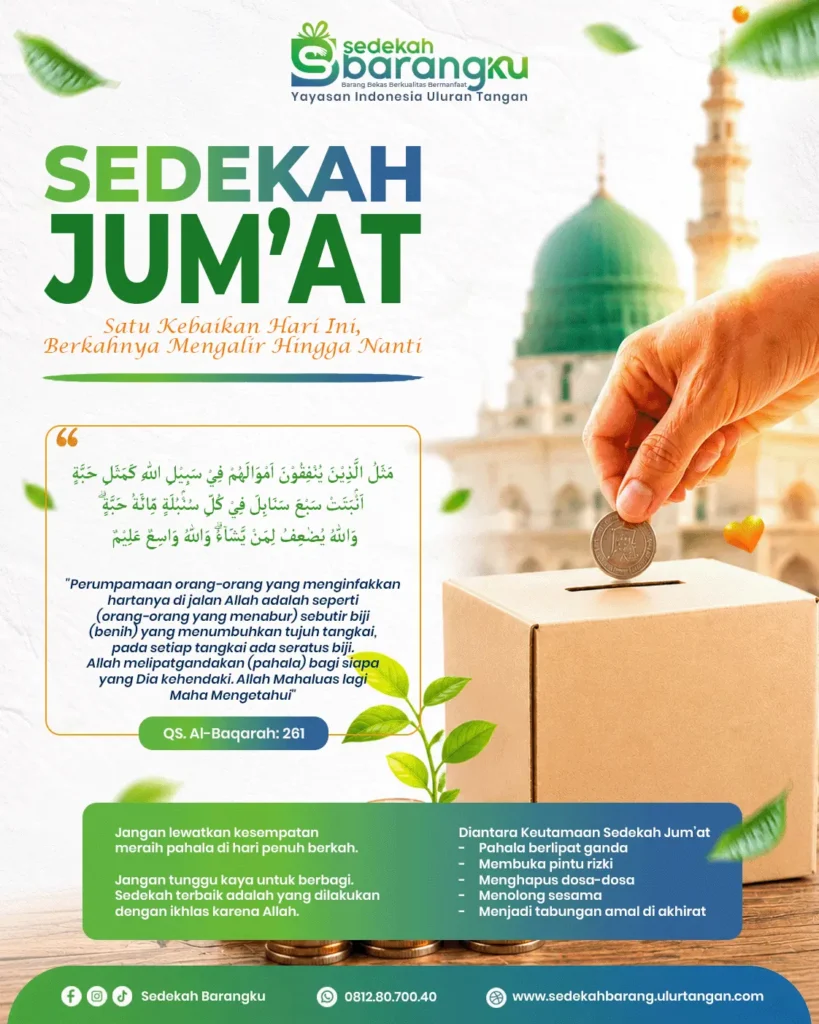 Poster Sedekah Jumat dengan ilustrasi kotak donasi, masjid, dan pesan keutamaan sedekah menurut QS Al-Baqarah ayat 261
