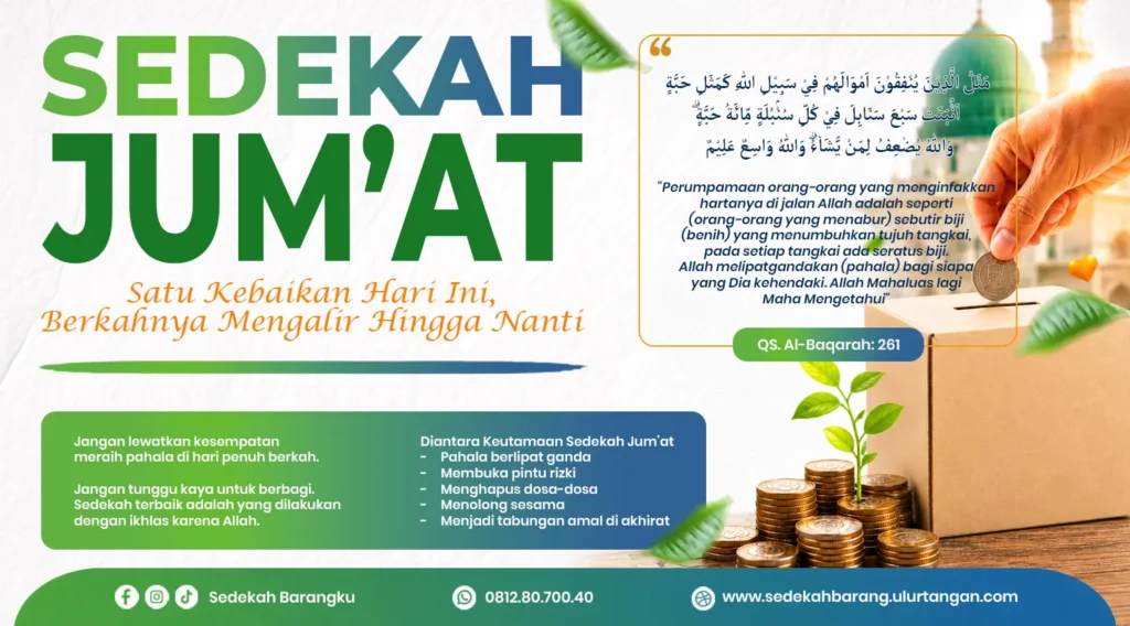 Ilustrasi sedekah Jumat dalam Islam, kotak amal, masjid, dan ajakan berbagi untuk meraih pahala berlipat ganda.