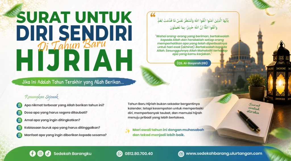 Poster dakwah Islam tentang Tahun Baru Hijriah, muhasabah diri, evaluasi amal, dan persiapan bekal menuju akhirat.