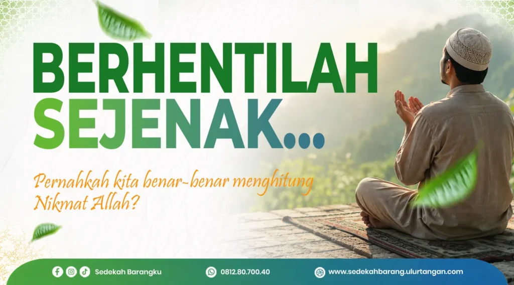 Seorang pemuda muslim duduk di tepi perbukitan sambil merenung tentang nikmat Allah, terinspirasi oleh QS. An-Nahl ayat 18 mengenai pentingnya bersyukur atas karunia Allah yang tak terhitung.