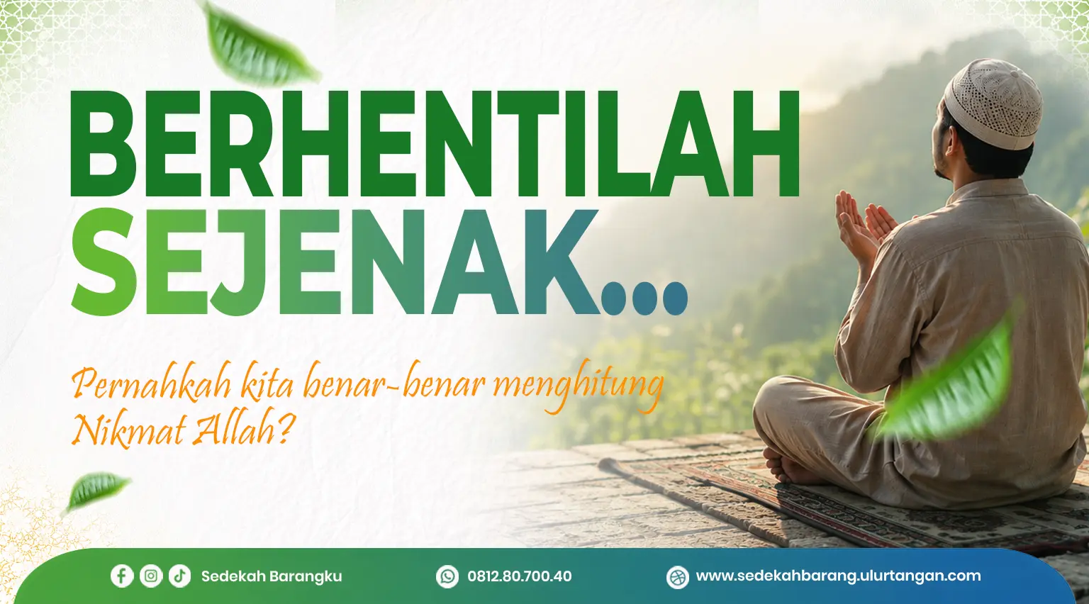 Seorang pemuda muslim duduk di tepi perbukitan sambil merenung tentang nikmat Allah, terinspirasi oleh QS. An-Nahl ayat 18 mengenai pentingnya bersyukur atas karunia Allah yang tak terhitung.