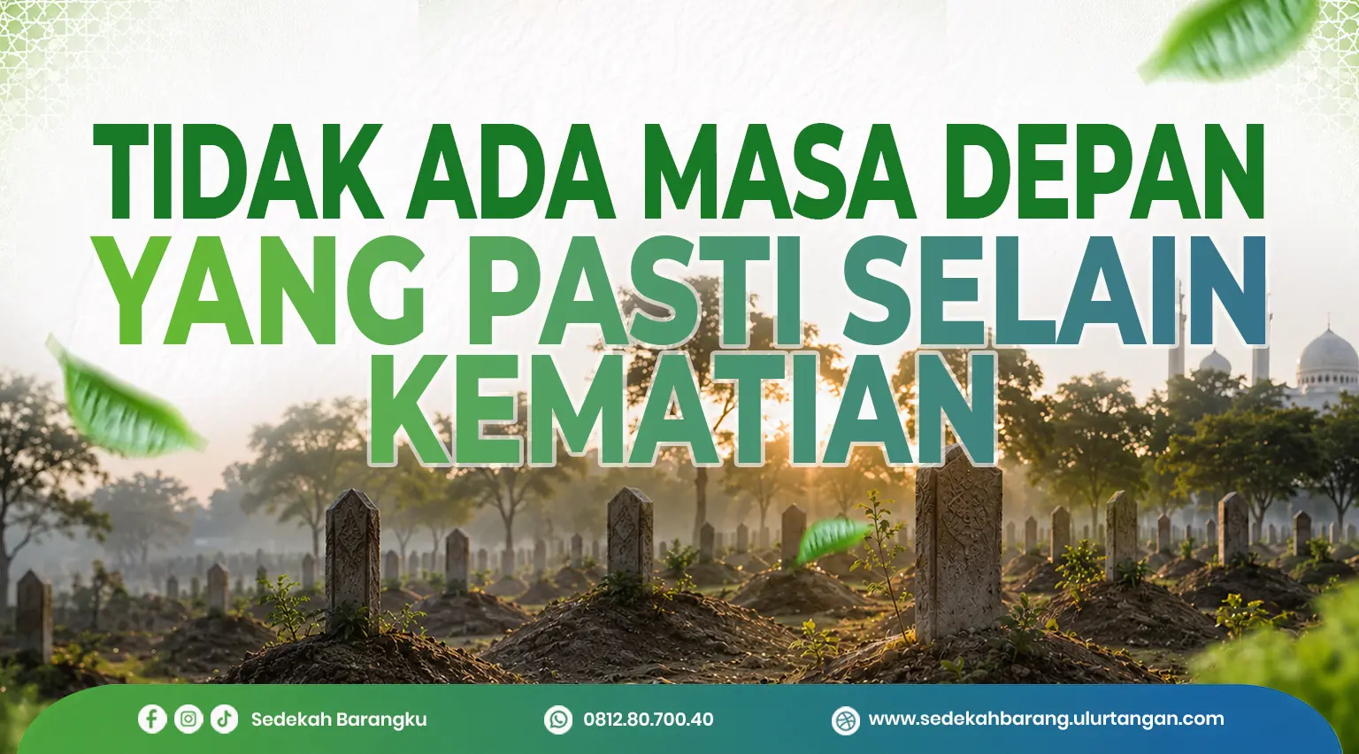 Pemakaman Muslim dengan makam gundukan tanah dan suasana matahari terbenam sebagai pengingat bahwa kematian adalah kepastian