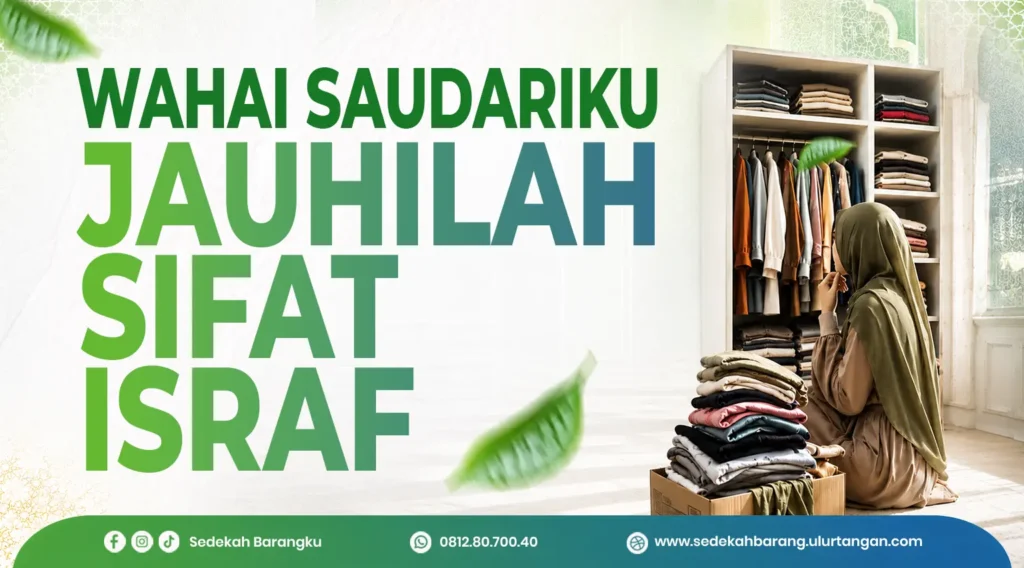 Muslimah sedang memilah pakaian di depan lemari dalam kamar tidur yang rapi dengan nuansa Islami minimalis sebagai ilustrasi gaya hidup sederhana dan menghindari sifat israf.