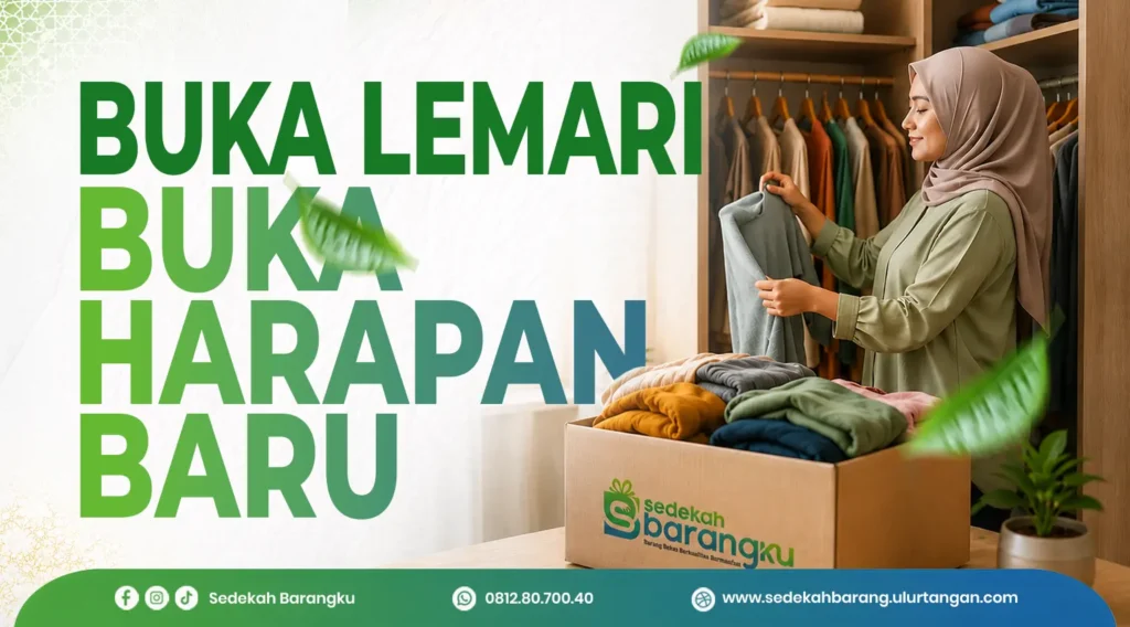 Seorang muslimah sedang memilah pakaian layak pakai di depan lemari untuk dimasukkan ke dalam dus donasi Sedekah Barangku sebagai bagian dari kegiatan decluttering rumah dan berbagi kepada sesama.