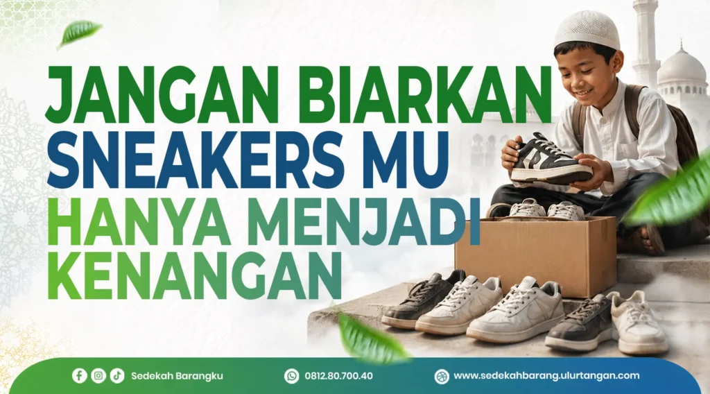 Ilustrasi seorang anak tersenyum memegang sneakers layak pakai di samping kotak donasi dengan latar masjid bernuansa Islami sebagai konsep kampanye donasi sneakers Sedekah Barangku.