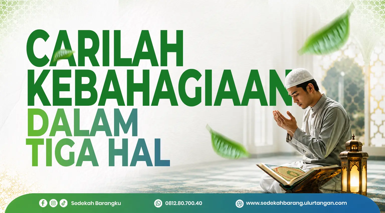 Ilustrasi seorang muslim sedang berdoa di dalam masjid dengan Al-Qur'an terbuka sebagai simbol kebahagiaan dalam shalat, dzikir, dan membaca Al-Qur'an.