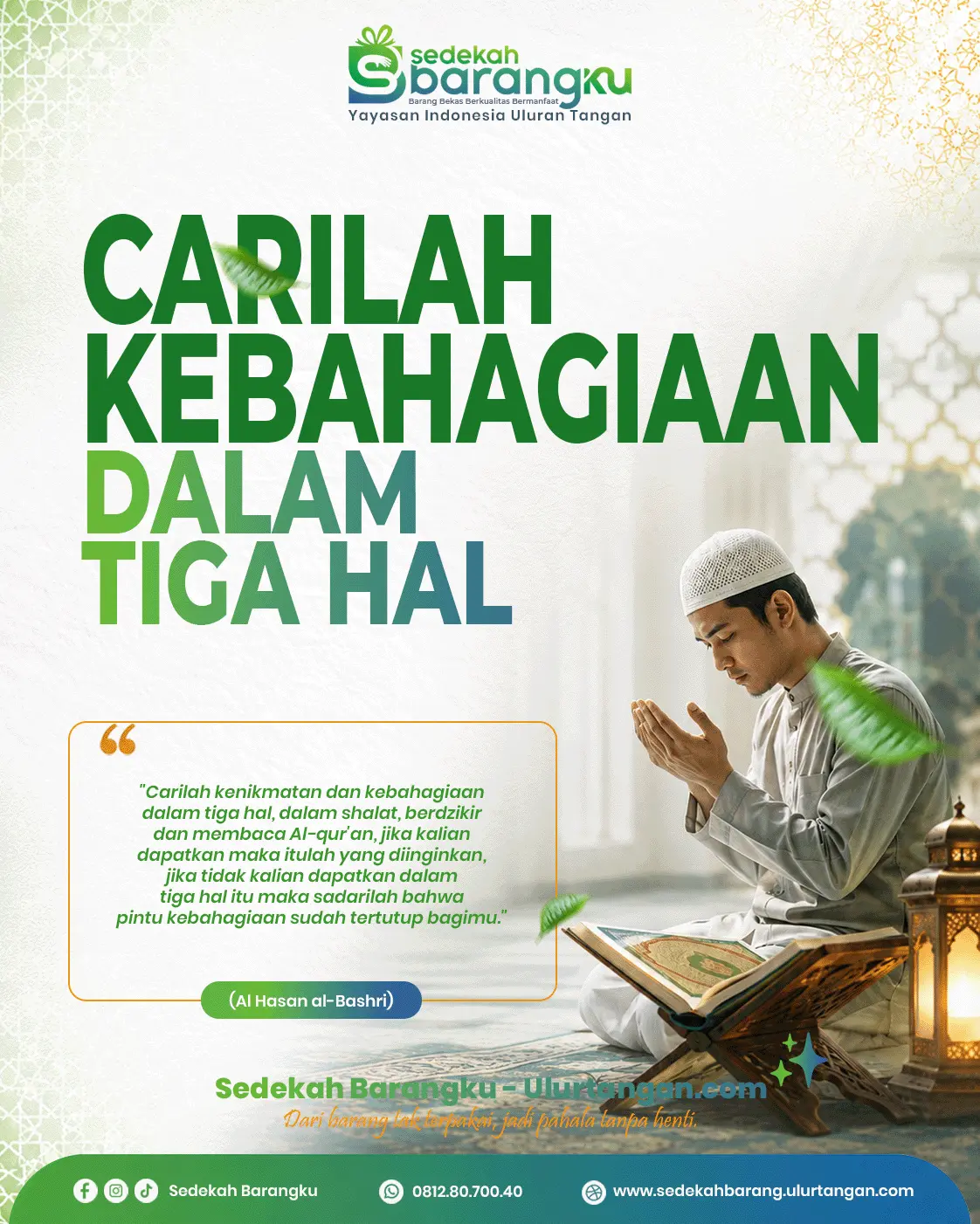Ilustrasi seorang muslim sedang berdoa di dalam masjid dengan Al-Qur'an terbuka sebagai simbol kebahagiaan dalam shalat, dzikir, dan membaca Al-Qur'an.
