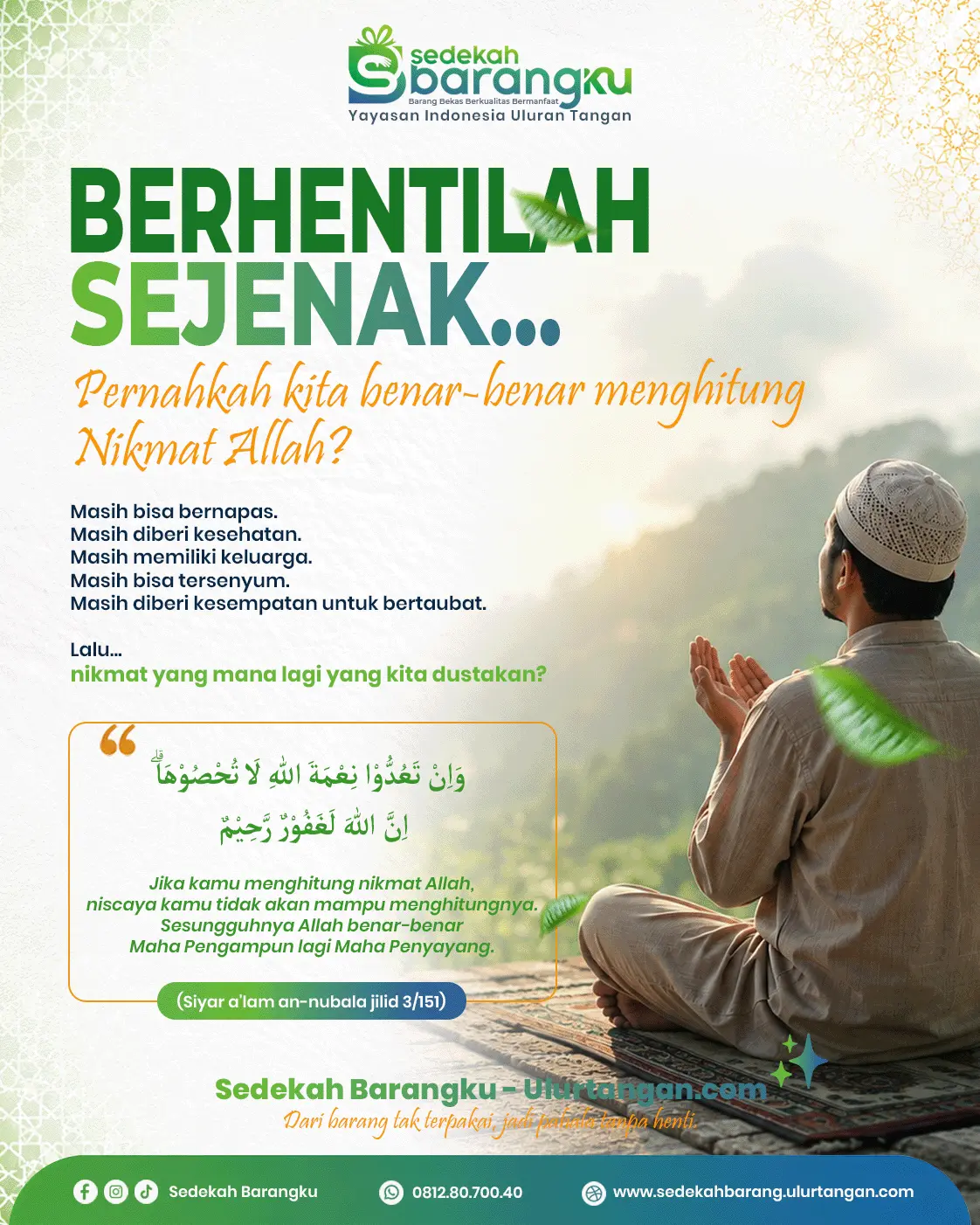 Seorang pemuda muslim duduk di tepi perbukitan sambil merenung tentang nikmat Allah, terinspirasi oleh QS. An-Nahl ayat 18 mengenai pentingnya bersyukur atas karunia Allah yang tak terhitung.