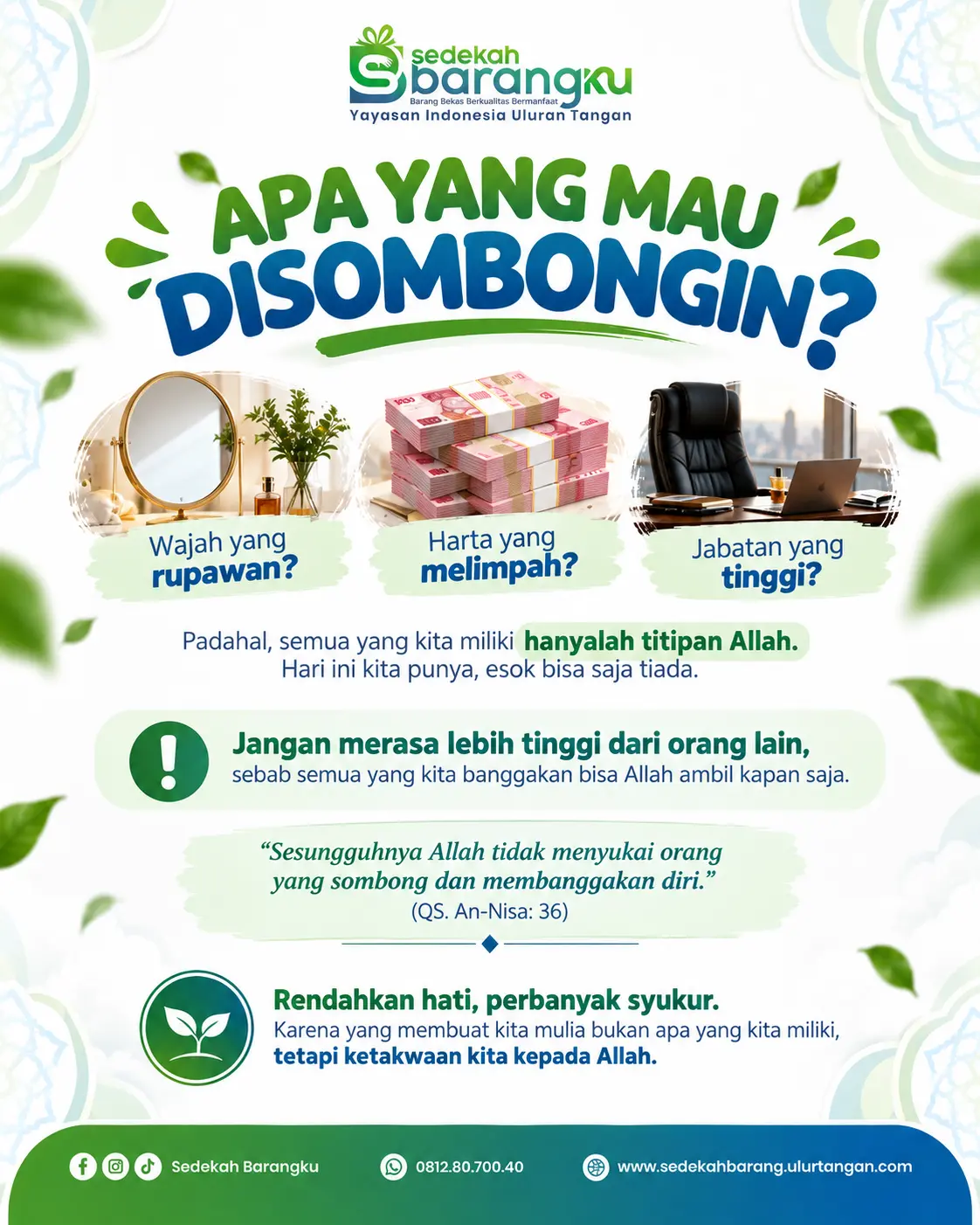 Banner artikel sifat sombong dalam Islam dari Sedekah Barangku, dengan ilustrasi wajah rupawan, harta melimpah, dan jabatan tinggi serta pesan rendah hati dan bersyukur.