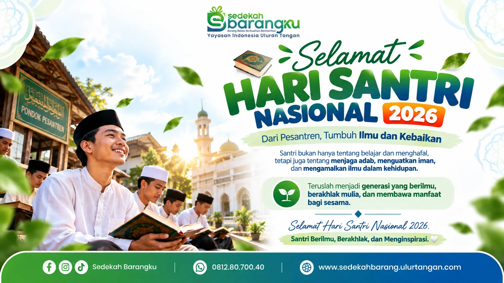 Banner Hari Santri Nasional 2026 Sedekah Barangku menampilkan santri membaca Al-Qur'an di halaman pesantren dengan latar masjid serta pesan santri berilmu, berakhlak, dan menginspirasi.