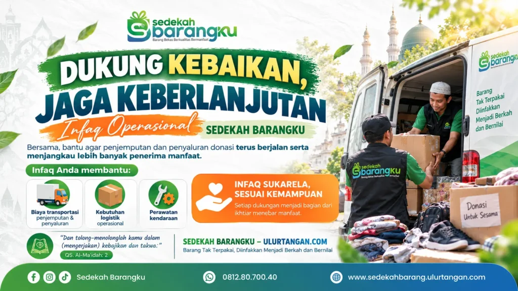 Banner Infaq Operasional Sedekah Barangku yang mengajak masyarakat mendukung transportasi, logistik, dan perawatan kendaraan untuk penjemputan serta penyaluran donasi.