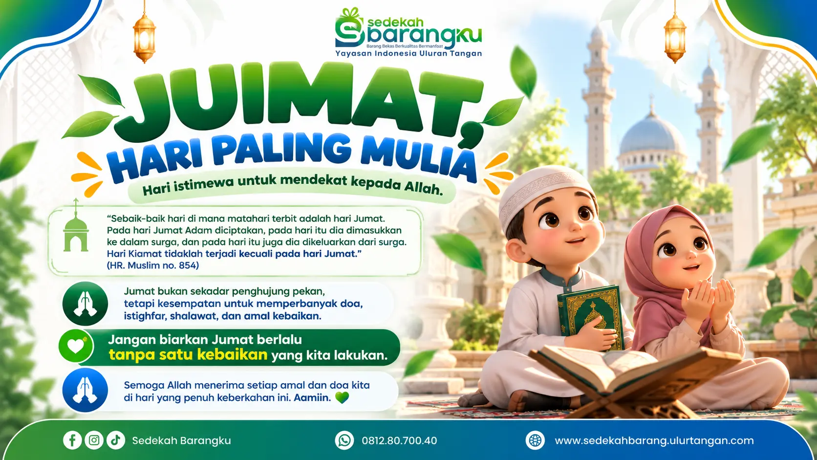 Banner keutamaan hari Jumat dengan ajakan memperbanyak doa, shalawat, dan sedekah melalui Sedekah Barangku – Ulurtangan.com.