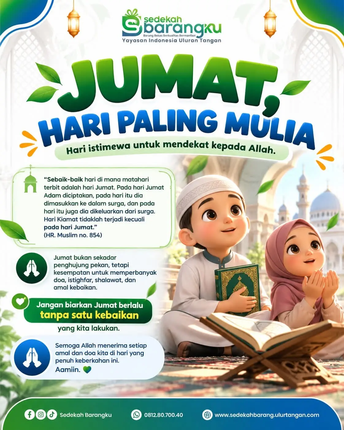 Poster keutamaan hari Jumat yang mengajak memperbanyak doa, shalawat, dan sedekah barang layak pakai.