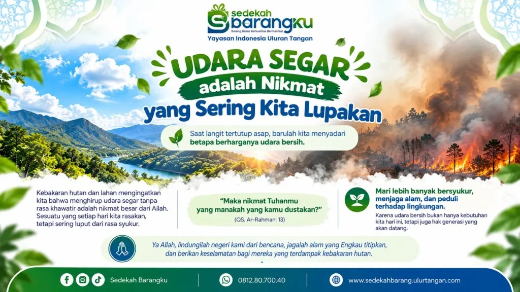 Banner Sedekah Barangku tentang pentingnya bersyukur atas udara bersih, dengan ilustrasi hutan hijau dan langit cerah bersebelahan dengan kebakaran hutan serta kabut asap.