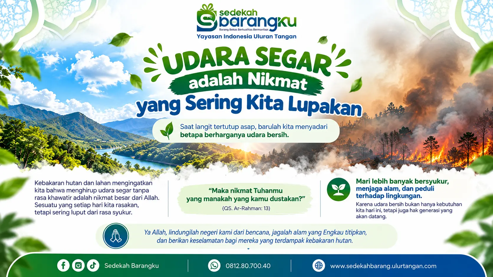 Banner Sedekah Barangku tentang pentingnya bersyukur atas udara bersih, dengan ilustrasi hutan hijau dan langit cerah bersebelahan dengan kebakaran hutan serta kabut asap.